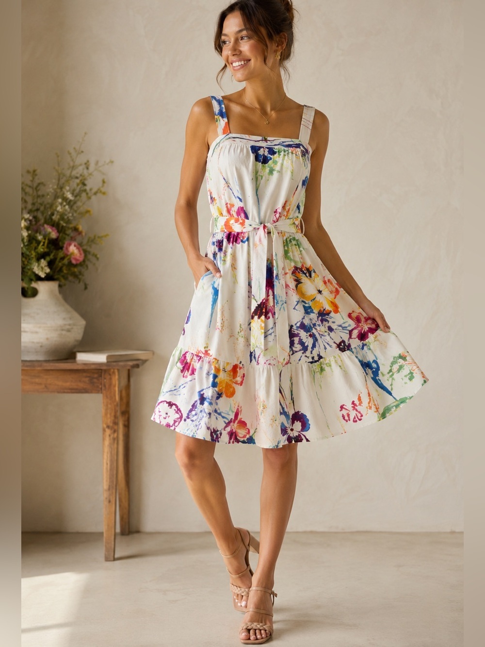 Maeve Anthropologie Fiorela Painted Floral Mini Dress Belted Pockets XS
